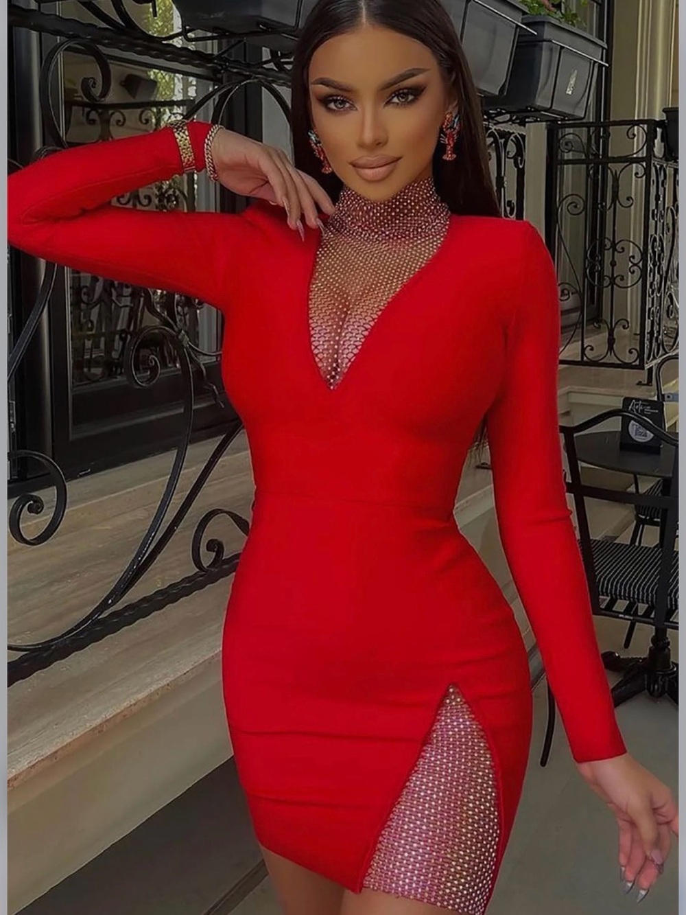 Fashion Nova Red Long-Sleeve Mini Dress with Rhinestone Mesh Insets